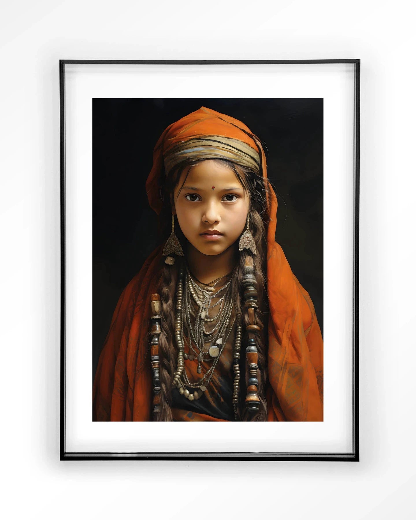 Traditioneel meisje kunstprint met acryl lijst, zwarte rand, moderne wanddecoratie van Urban Cotton, geschikt als artprint, glazen kunst of wandkleed.