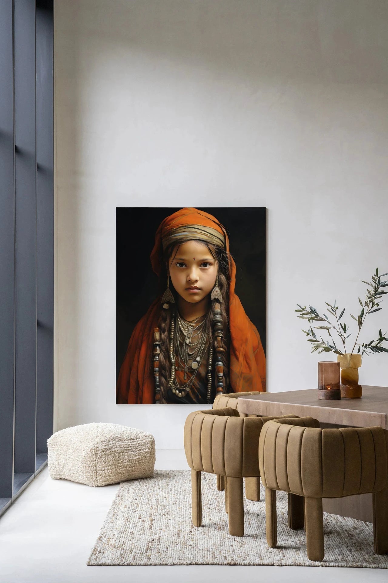 Traditioneel meisje wandkleed van Urban Cotton met modern kunstontwerp en gedetailleerde glas- en wanddecoratie.