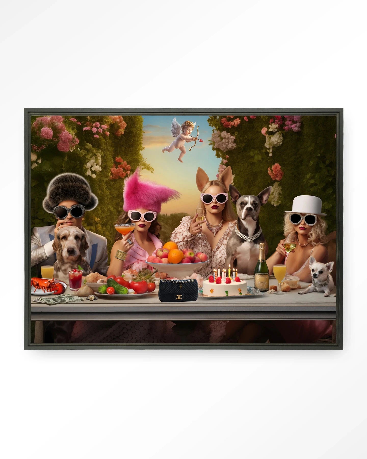 Moderne wanddecoratie van Urban Cotton met Uptown Table kunstprint, glasart en wandkleed in zwart frame, stijlvolle muurdecoratie