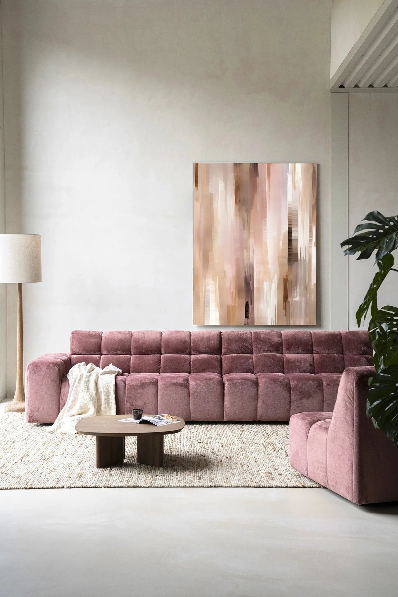 Moderne wanddecoratie van Urban Cotton met kunstprint, glasart en wandkleed met het ontwerp Vernazza, kleurrijk en decoratief.