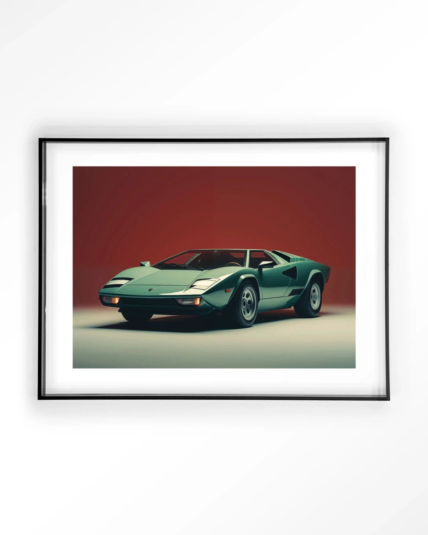 Vintage Lamborghini kunstprint met acryl frame in zwart, modern wanddecoratie van Urban Cotton met autoliefhebber design.