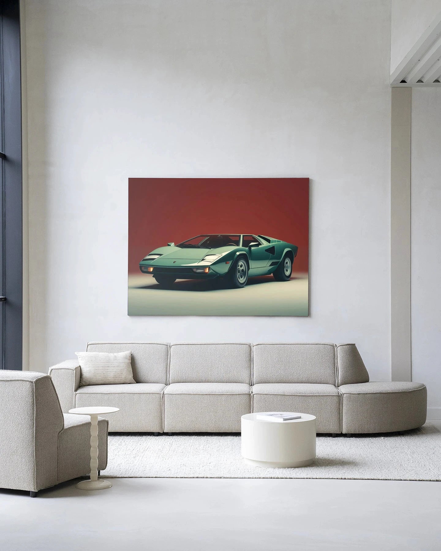 Vintage Lamborghini kunstwandkleed met modern design, glass art en kleurrijk wanddecoratie van Urban Cotton op frame.