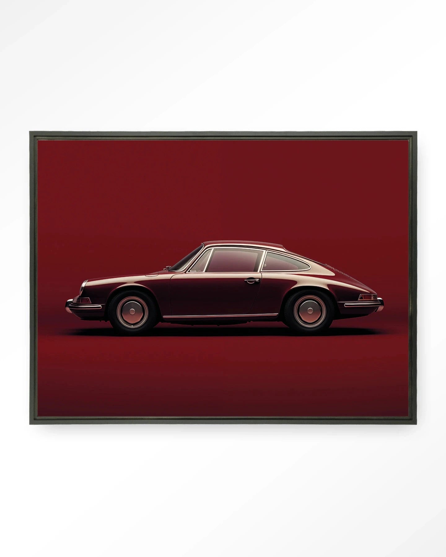Moderne wanddecoratie met vintage Porsche in rood, zwart lijst, glaskunst en wandkleed door Urban Cotton, stijlvolle muurversiering