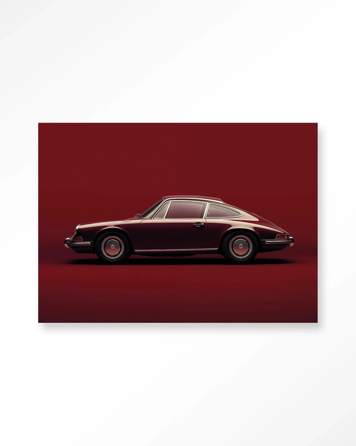 Moderne wanddecoratie met vintage Porsche in rood, kunstwerk van Urban Cotton, glasart en wandkleed voor stijlvolle interieur decoratie.