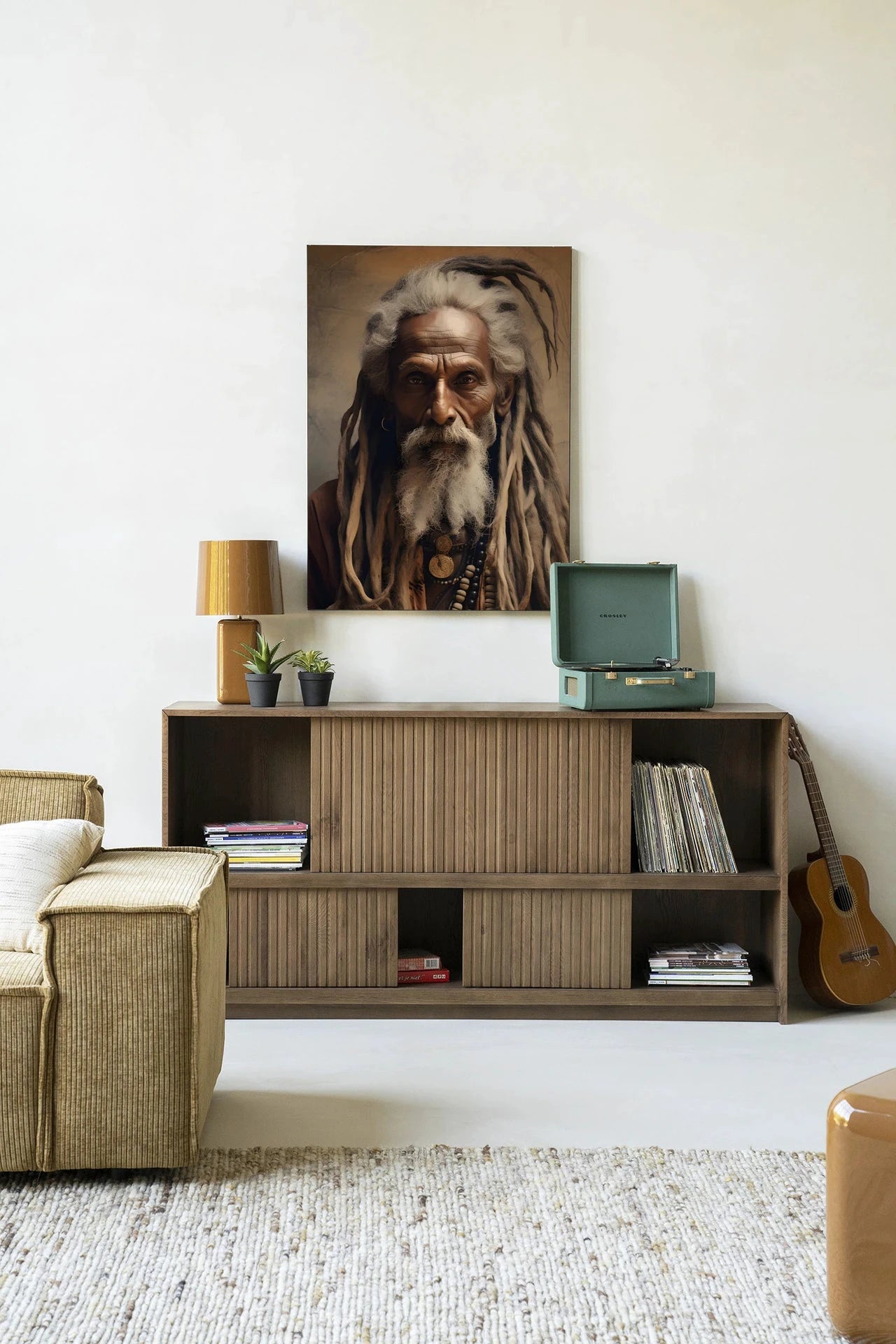 Moderne kunstwanddecoratie van Urban Cotton met afbeelding van wijze man, glasart en wandkleed voor stijlvolle interieurversiering