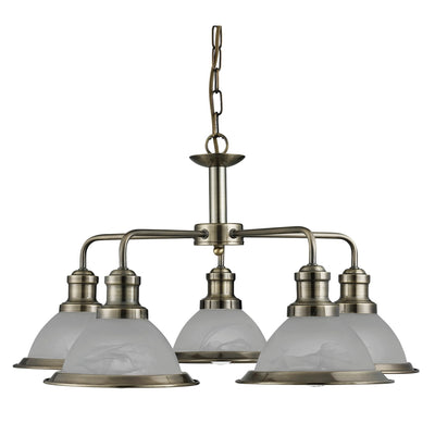 Hanglamp Bistro 5Lt - Antique Brass Metal & Acid Glass by Searchlight