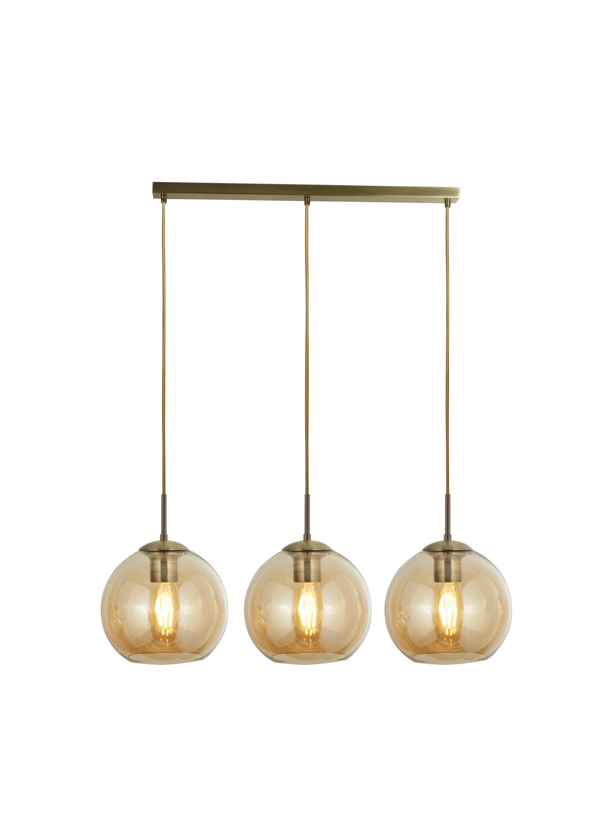 Hanglamp Balls 3Lt Bar - Antique Brass Metal & Amber Glass by Searchlight