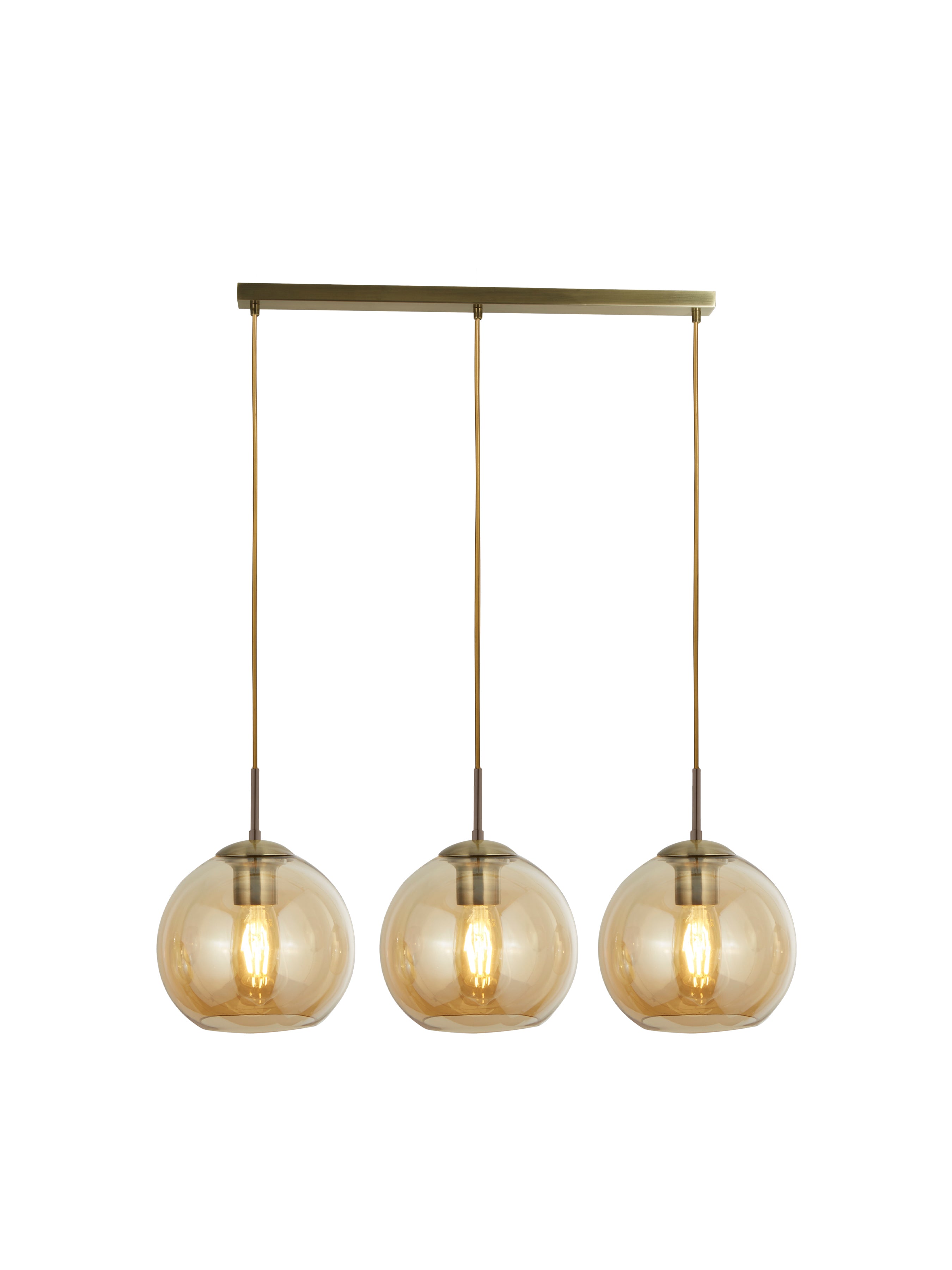 Balls  3Lt Bar Pendant - Antique Brass Metal & Amber Glass