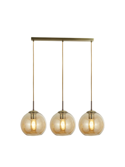 Balls  3Lt Bar Pendant - Antique Brass Metal & Amber Glass