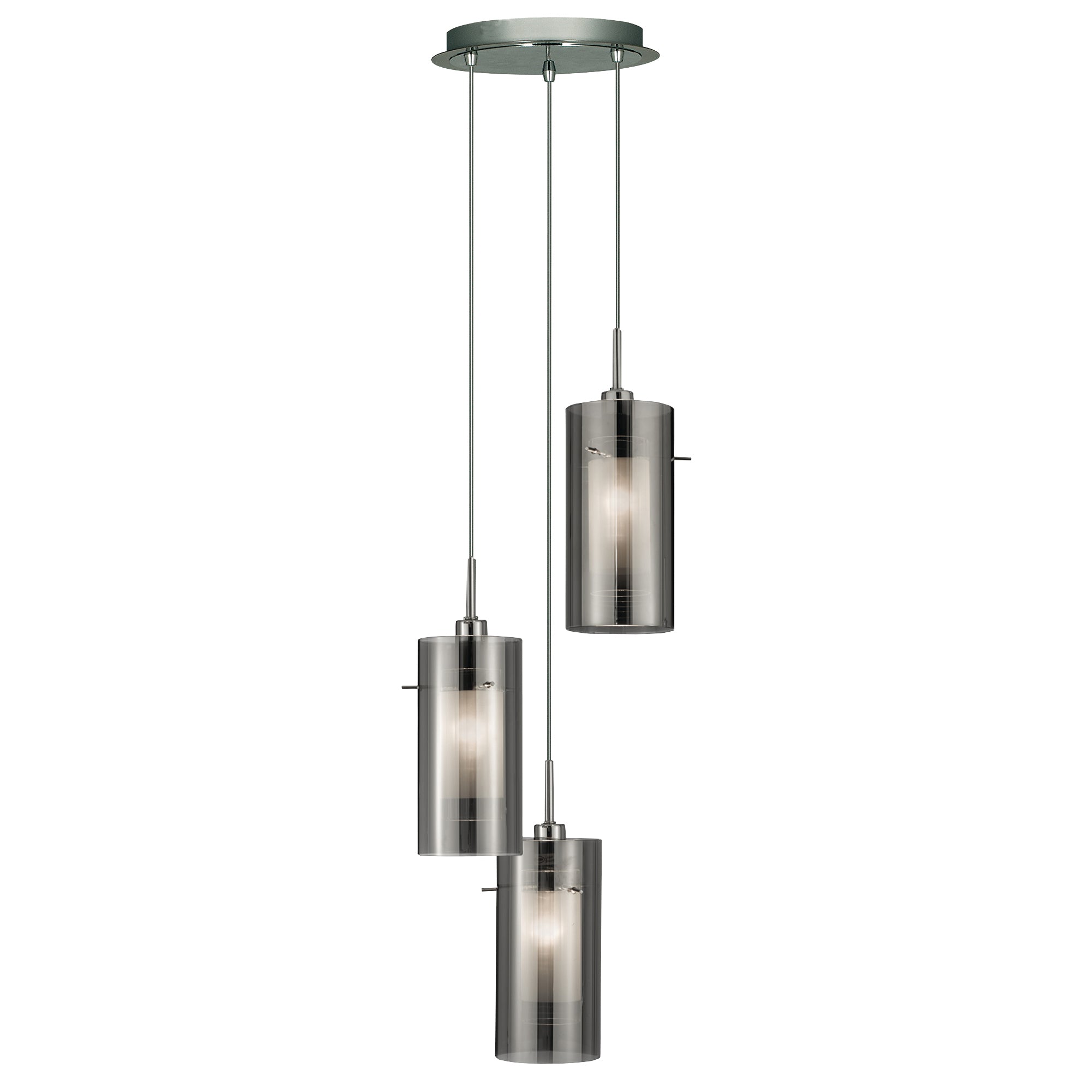 Duo II 3Lt Multi-Drop Pendant - Satin Silver & Smoked Glass
