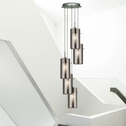 Duo I 5Lt Pendant - Satin Silver Metal & Smoked Glass