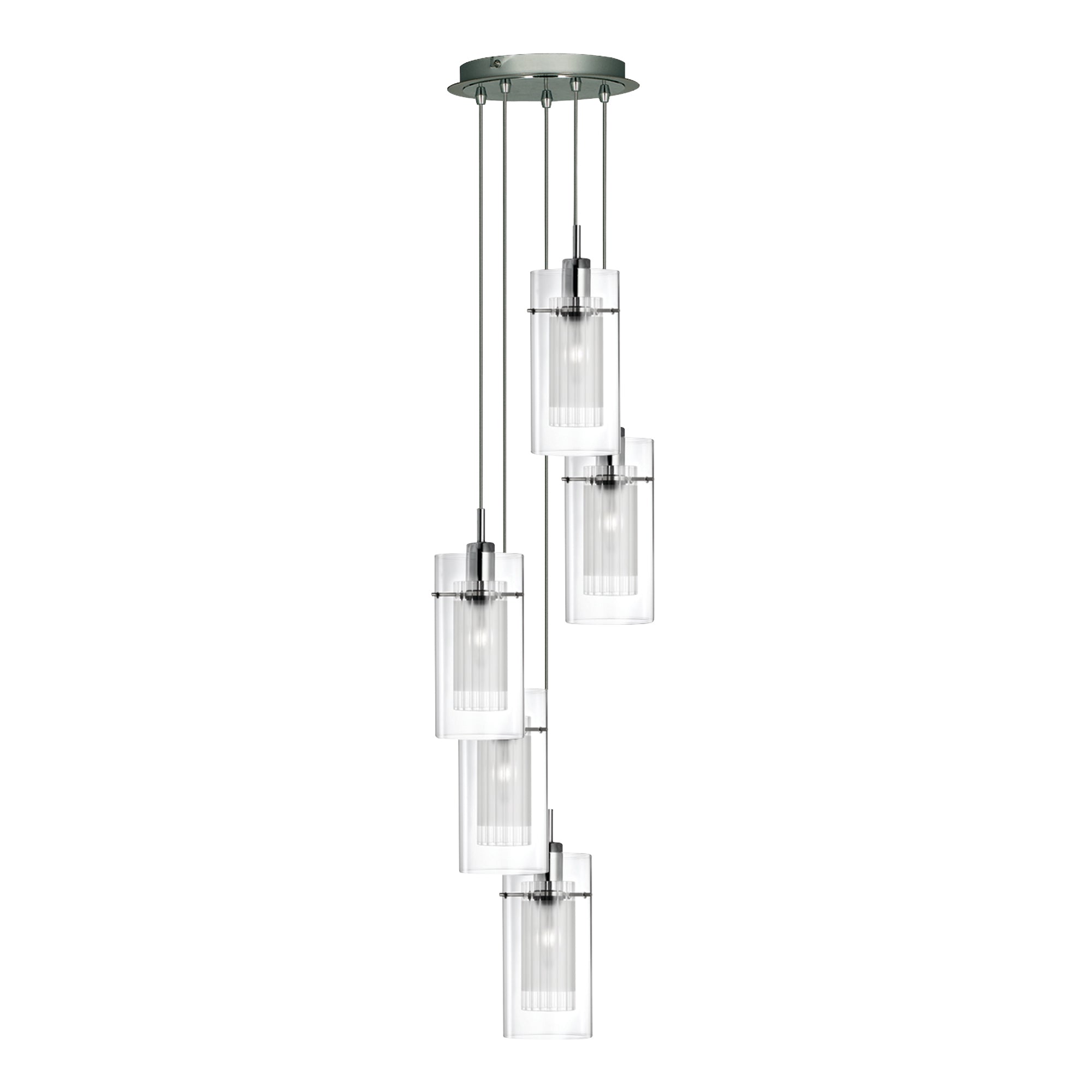 Duo I 5Lt Multi-Drop Pendant - Satin Silver Metal & Glass
