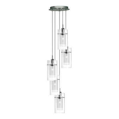 Duo I 5Lt Multi-Drop Pendant - Satin Silver Metal & Glass