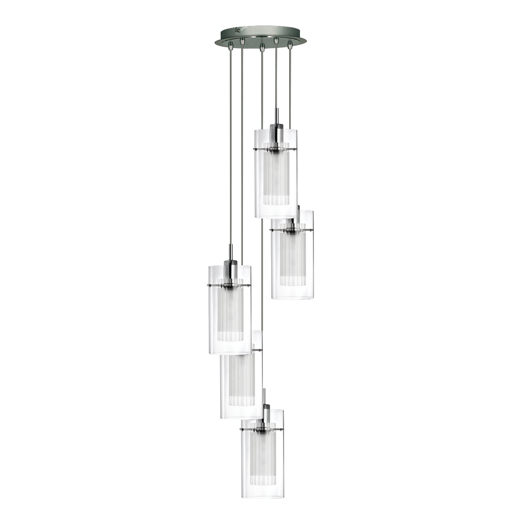 Duo I 5Lt Multi-Drop Pendant - Satin Silver Metal & Glass