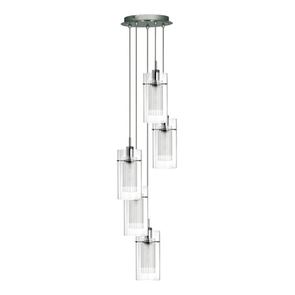 Duo I 5Lt Multi-Drop Pendant - Satin Silver Metal & Glass