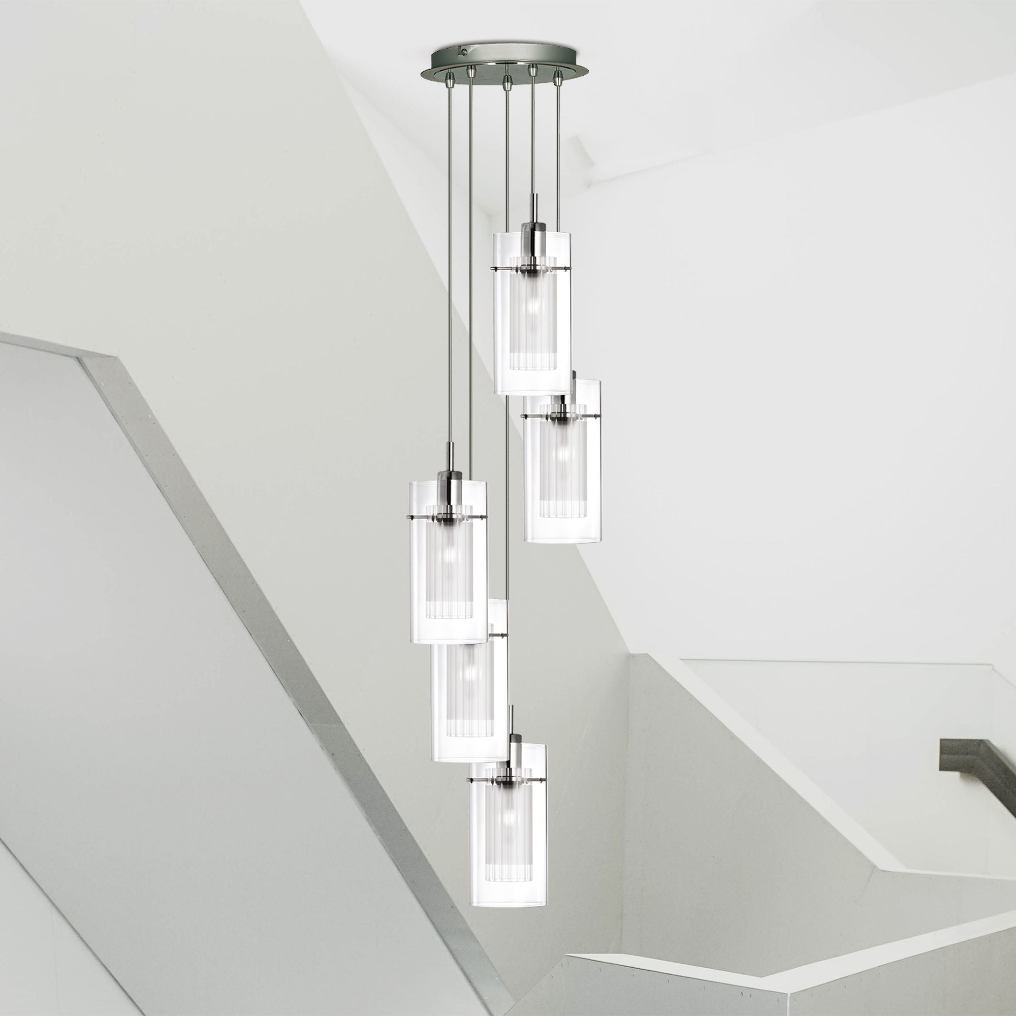 Duo I 5Lt Multi-Drop Pendant - Satin Silver Metal & Glass
