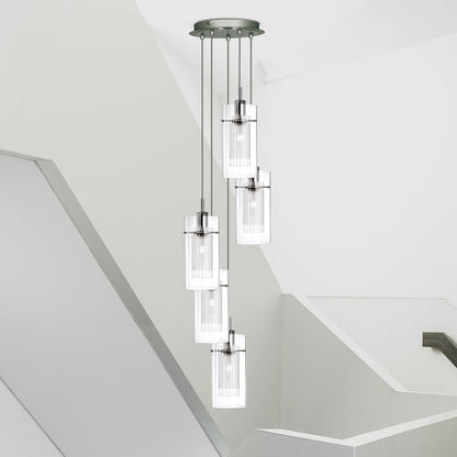 Duo I 5Lt Multi-Drop Pendant - Satin Silver Metal & Glass