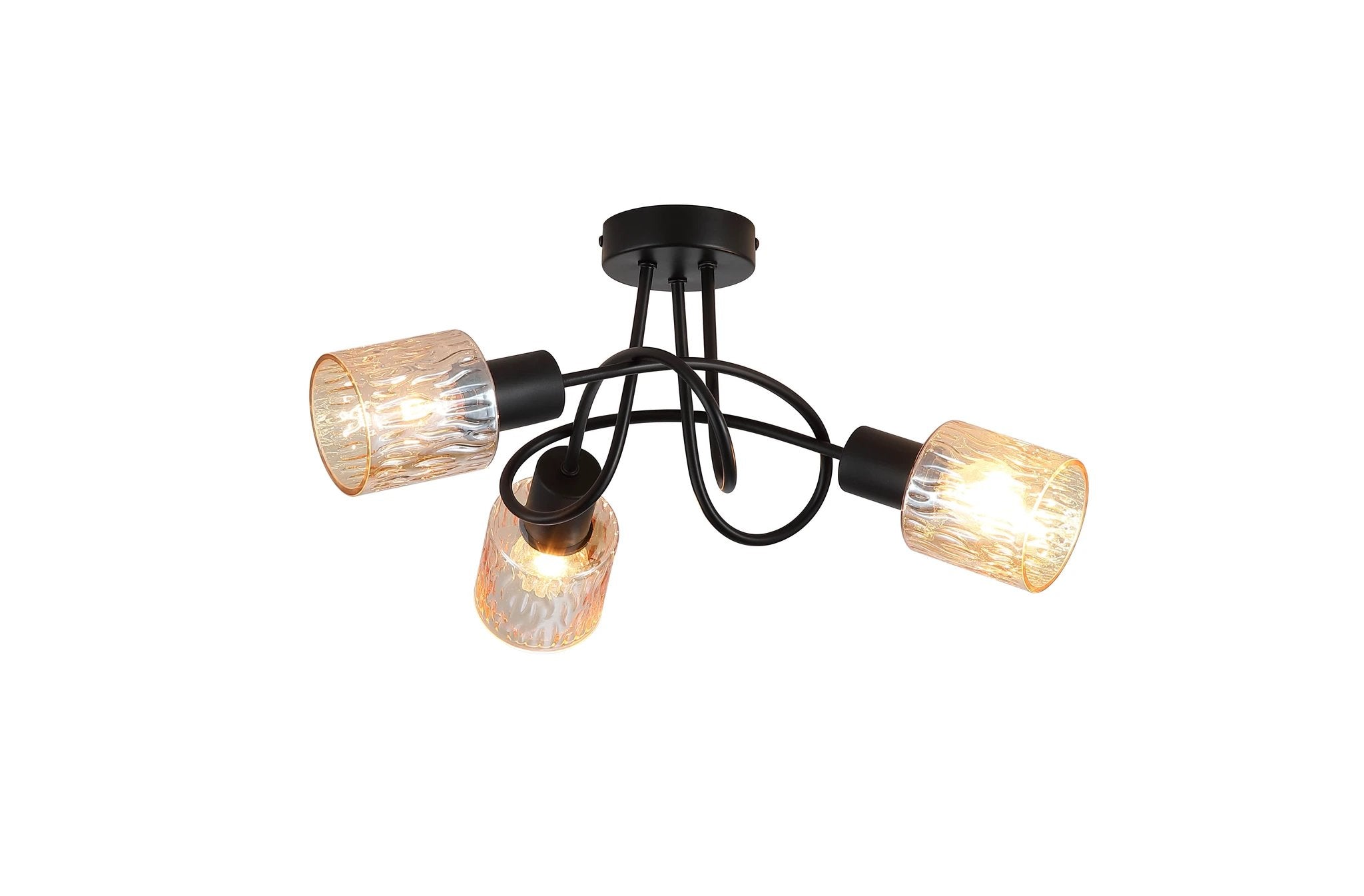 Plafondlamp Knot 3Lt - Black Metal with Amber Glass Shade by Searchlight