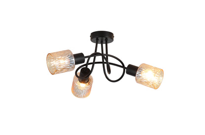 Knot 3Lt Ceiling Lamp, Black Metal with Amber Glass Shade