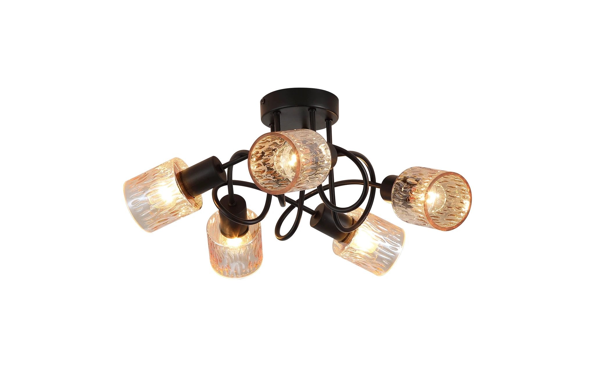 Plafondlamp Knot 5Lt - Black Metal with Amber Glass Shade by Searchlight