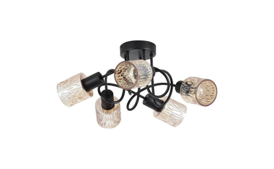 Plafondlamp Knot 5Lt - Black Metal with Amber Glass Shade by Searchlight