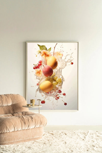 Peachy Fruit Explosion - Moderne Wanddecoratie | Artprint, Glass Art, Wandkleed by Urban Cotton