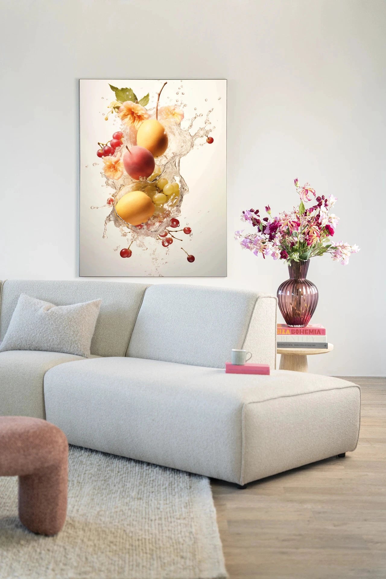 Peachy Fruit Explosion - Moderne Wanddecoratie | Artprint, Glass Art, Wandkleed by Urban Cotton