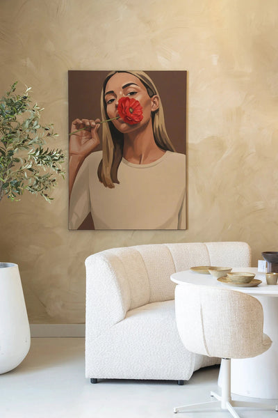 Red Poppy Girl - Moderne Wanddecoratie | Artprint, Glass Art, Wandkleed by Urban Cotton