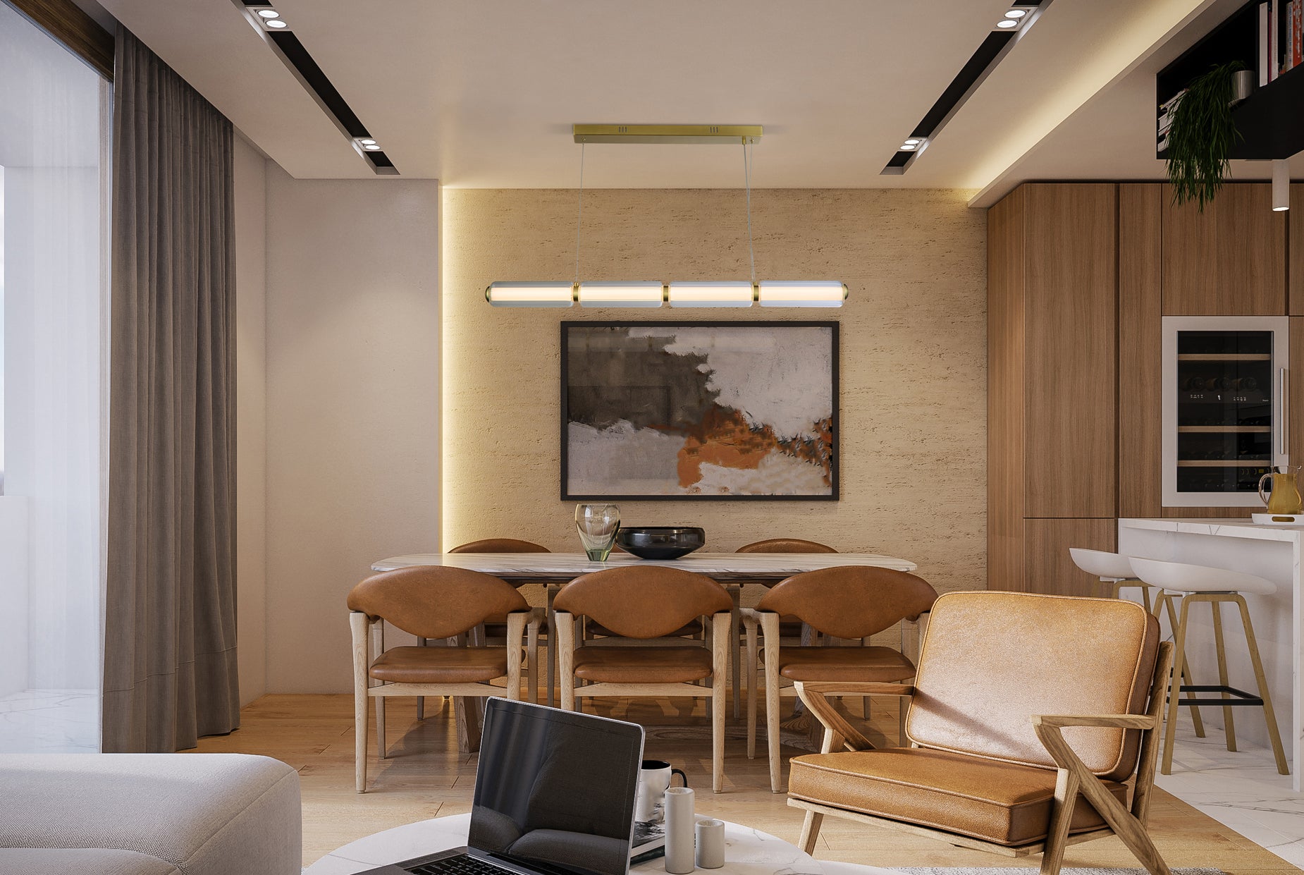 Mod LED Pendant, Satin Brass Metal, Opal Acrylic & Clear Gla