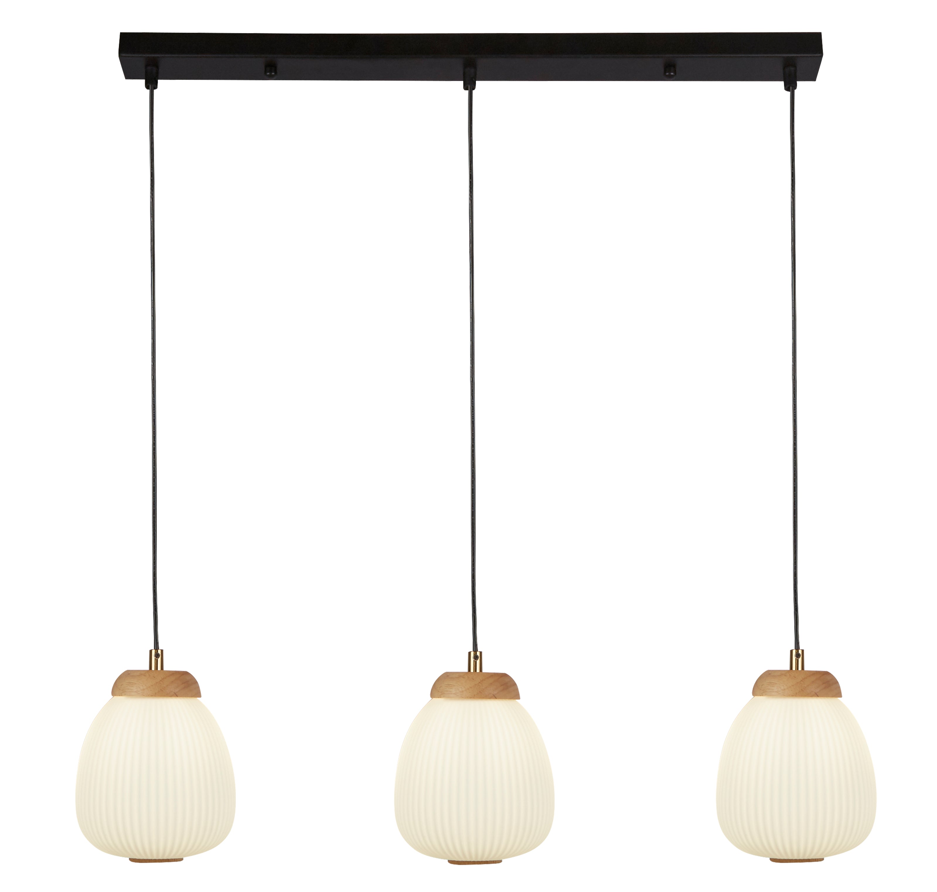 Ella 3Lt Pendant - Black Metal & Opal Ribbed Glass