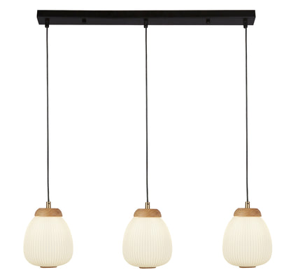 Ella 3Lt Pendant - Black Metal & Opal Ribbed Glass