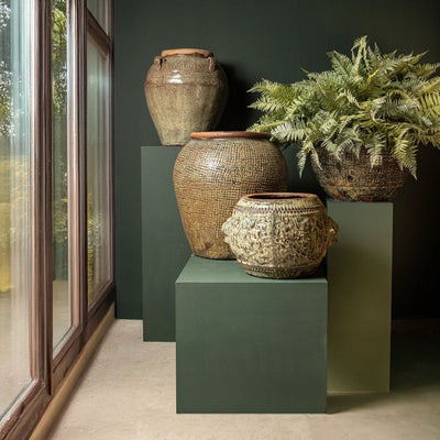 Lisie natuurlijk-blauwe keramische pot met vierkant patroon S by PTMD