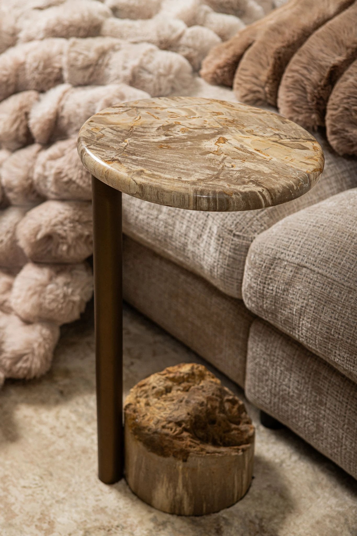 Ataja Natural Petrified Wood Side Table with Brass Leg by PTMD
