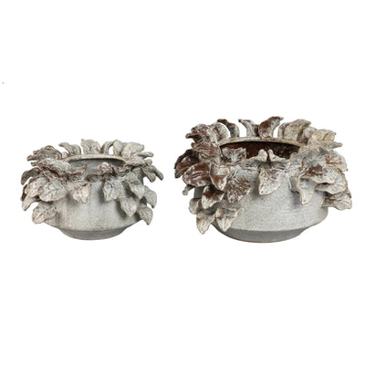 Varda beige ruwe keramische pot met bladdetails L by PTMD