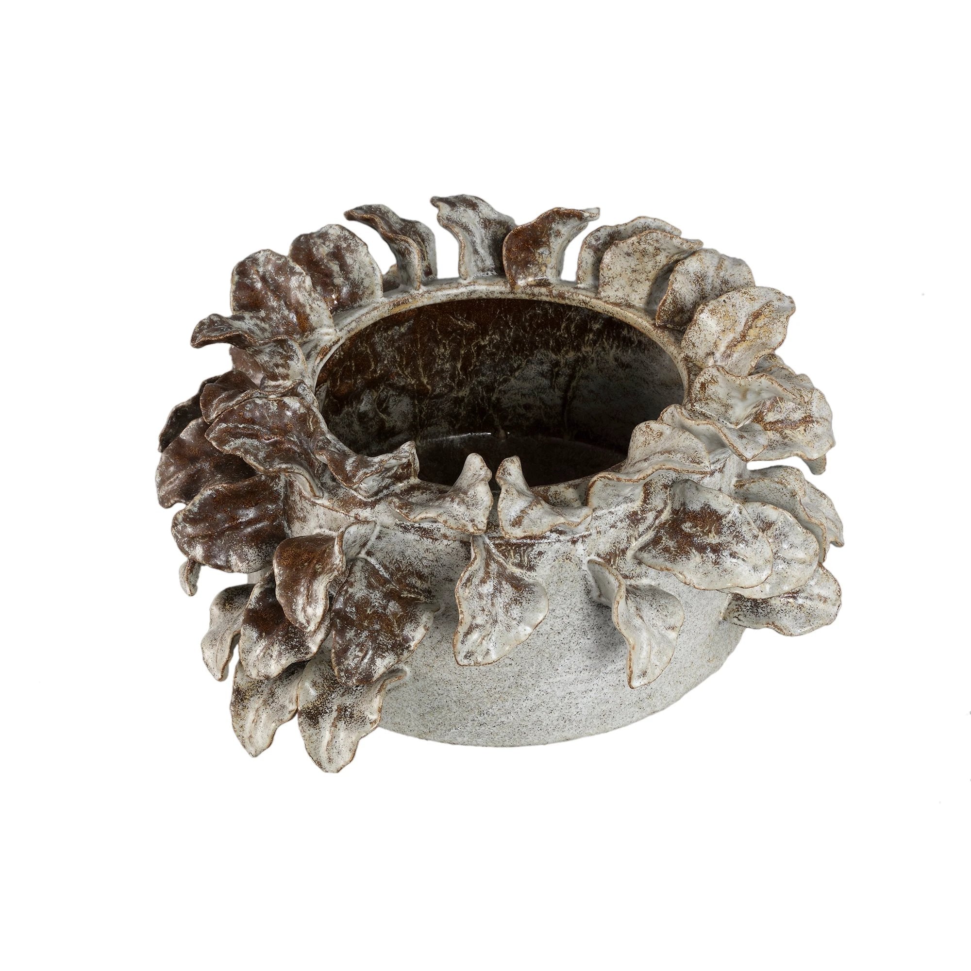 Varda beige ruwe keramische pot met bladdetails L by PTMD