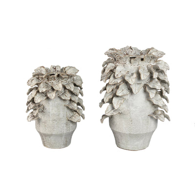 Varda beige keramische ruwe vaas met bladdetails S by PTMD