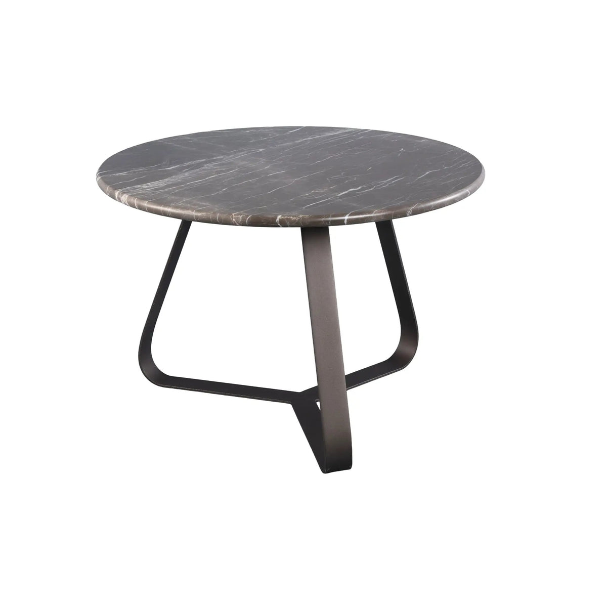Ronde marmeren salontafel met ijzeren poten van PTMD, compacte tafel met marmeren blad en metalen onderstel.