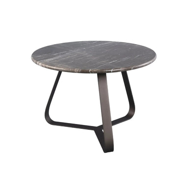 Ronde marmeren salontafel met ijzeren poten van PTMD, compacte tafel met marmeren blad en metalen onderstel.