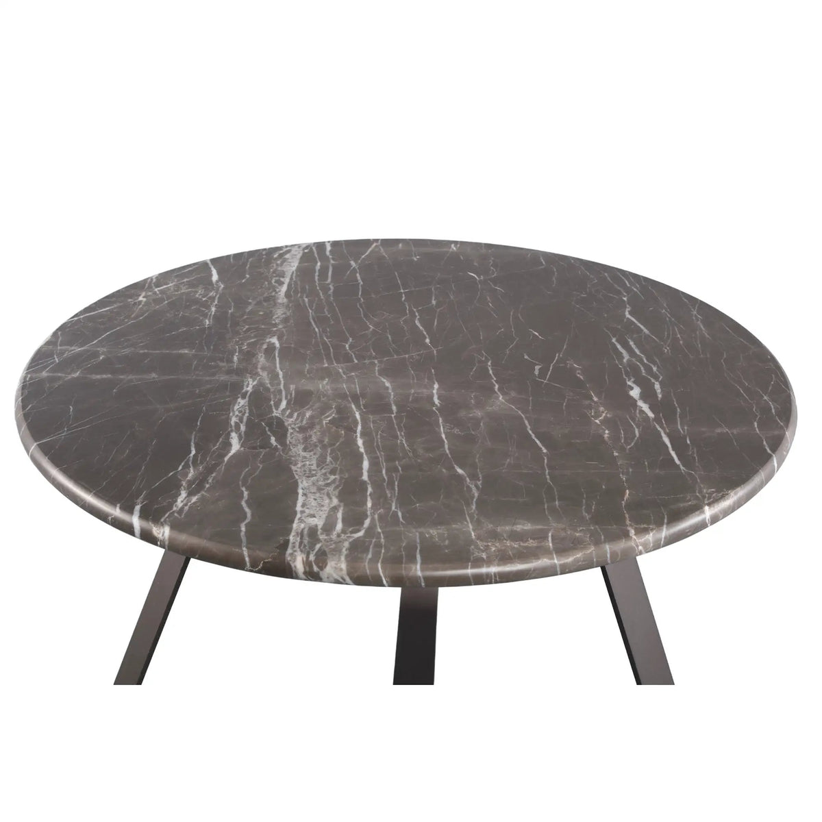 Ronde marmeren salontafel van PTMD met ijzeren poten, compacte formaat en elegante uitstraling, zichtbaar in de afbeelding.
