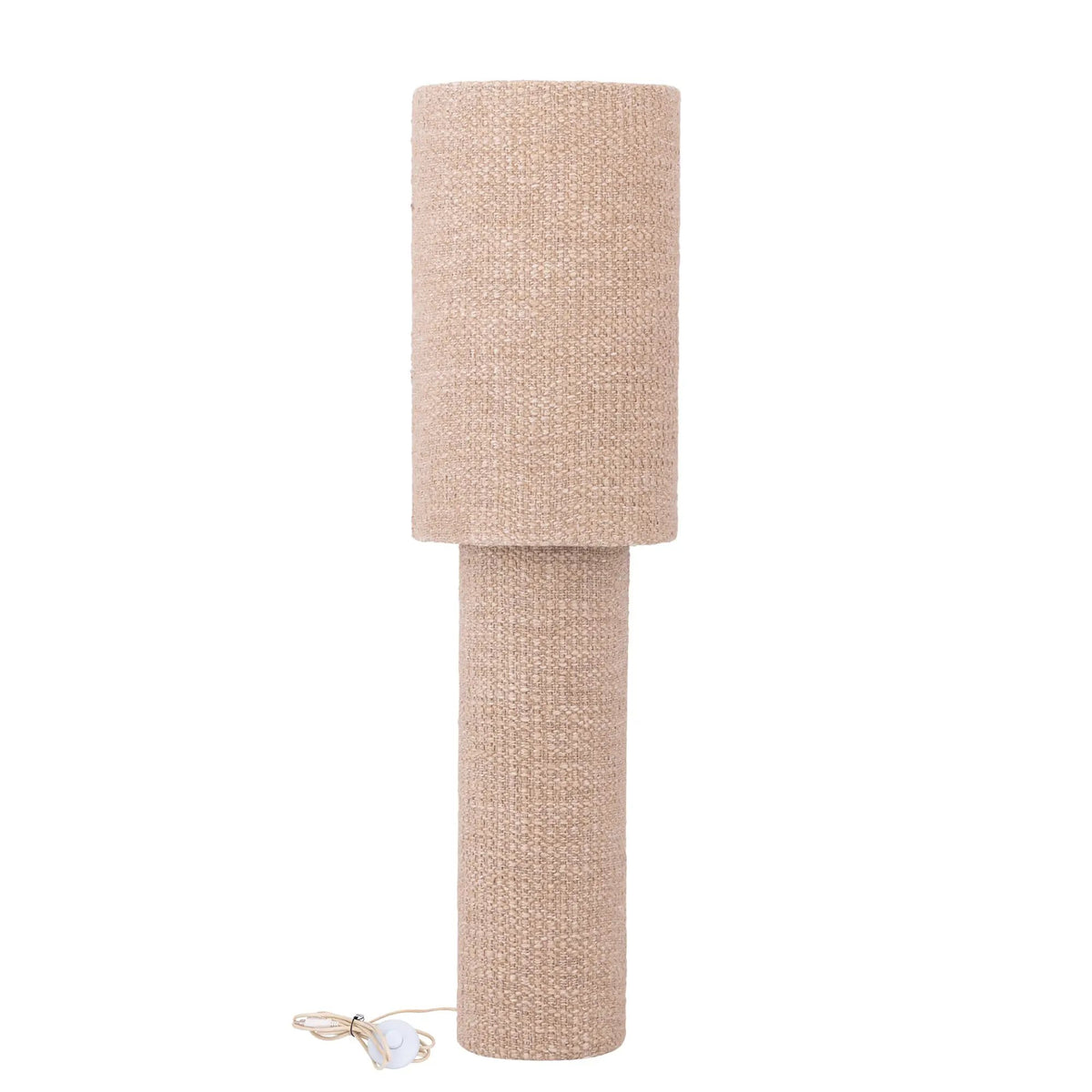 Devi taupe vloerlamp van PTMD met stoffen kap en ronde, beklede voet, staand op de vloer in een modern interieur.
