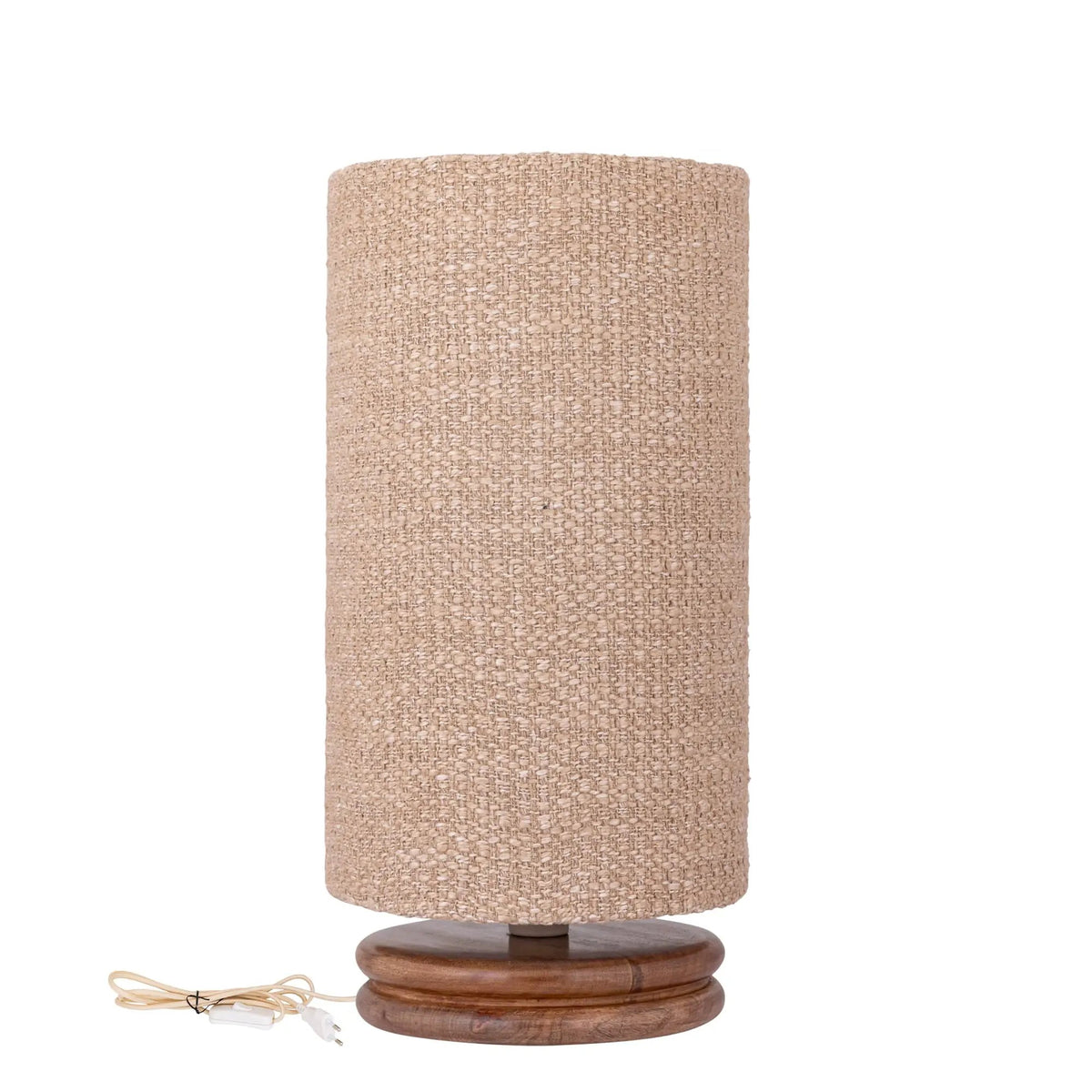 Devi tafellamp van PTMD met taupe stoffen kap en houten voet, hoge model, geschikt voor sfeervolle verlichting in huis