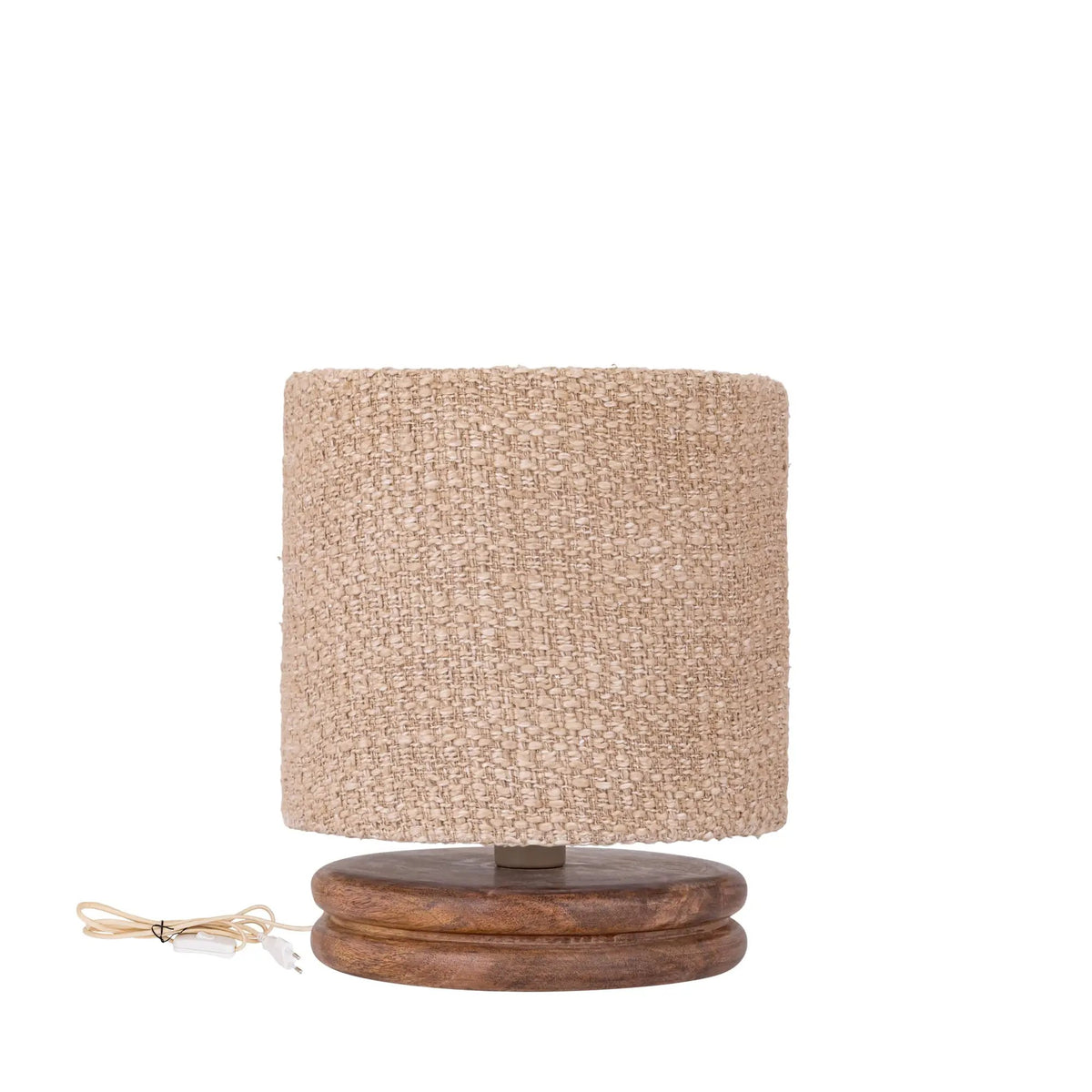 Devi tafellamp van PTMD met taupe stoffen kap en houten voet, laag model, sfeervolle verlichting voor huis.