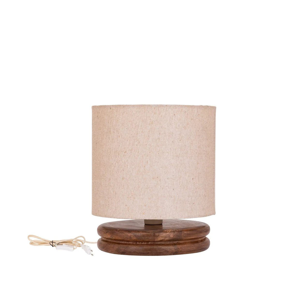 Devi tafellamp van naturel linnen met houten voet van PTMD, laag model, sfeervol verlichtingselement voor in huis