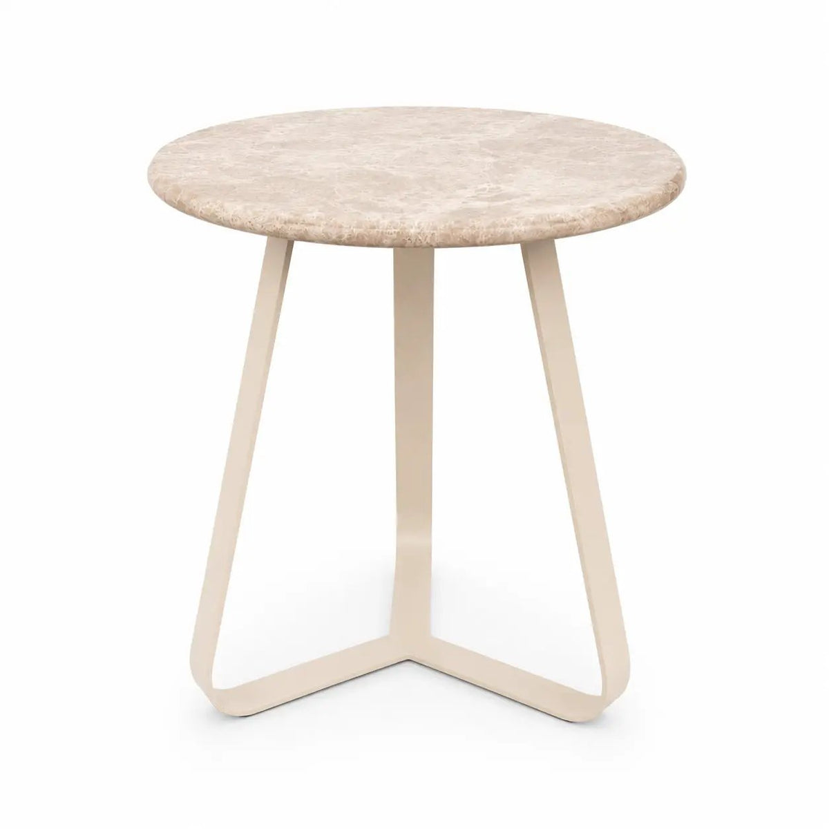 Kae beige marmeren ronde bijzettafel met zwarte ijzeren poten, modern en stijlvol interieuraccessoire.