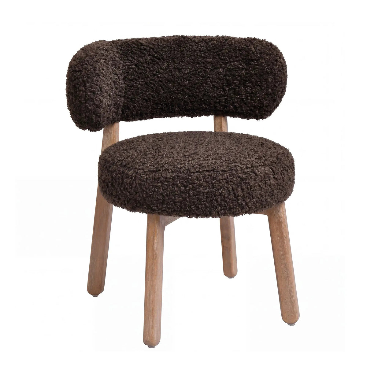 Bruine Lior eetkamerstoel van PTMD met teddy-stof en rubberhouten poten, comfortabel en stijlvol voor de eetkamer.