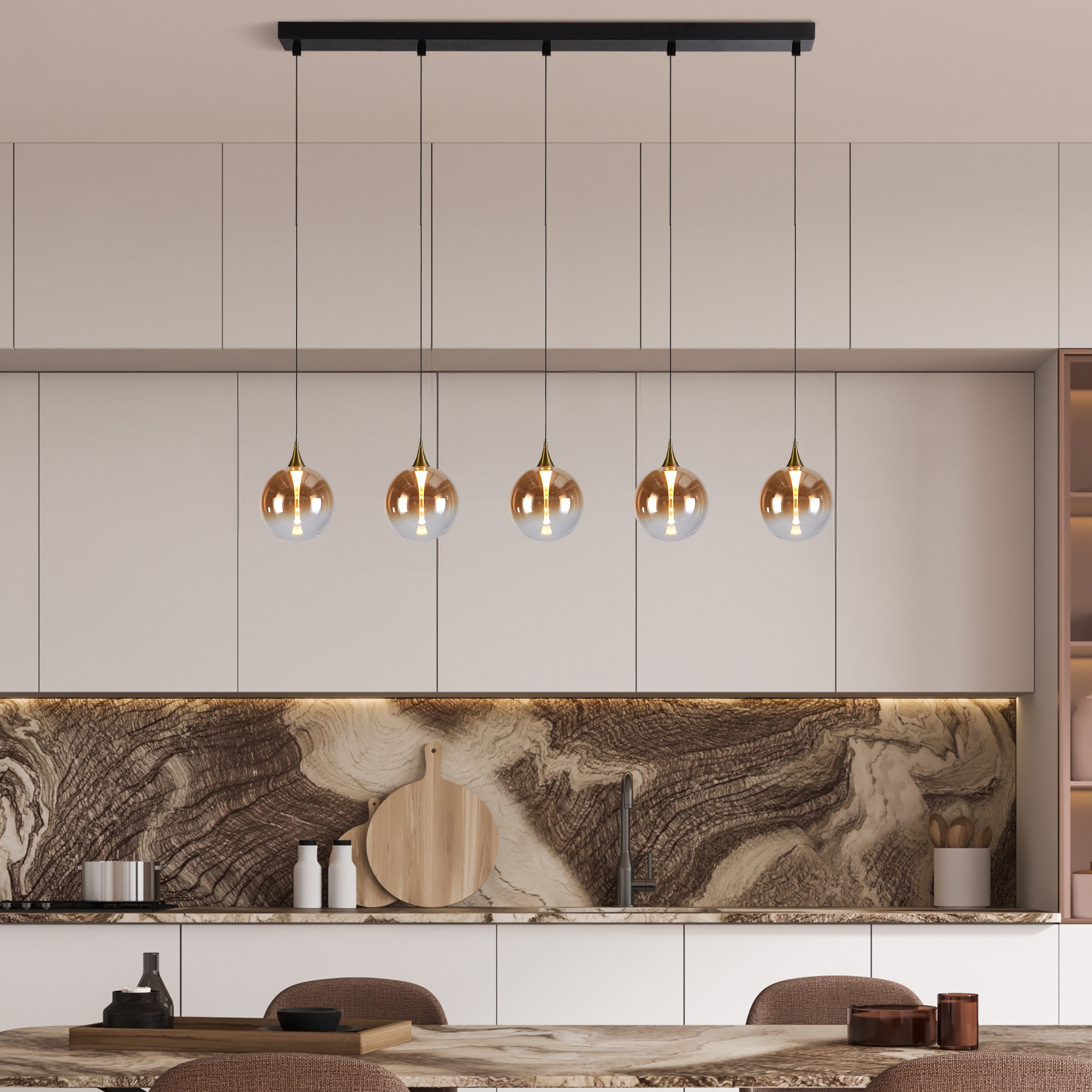 Hanglamp Alchemy LED 5L, Black metal and Amber Glass