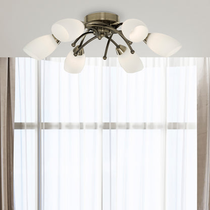 Opera 6Lt Flush -Antique Brass & Opal Glass