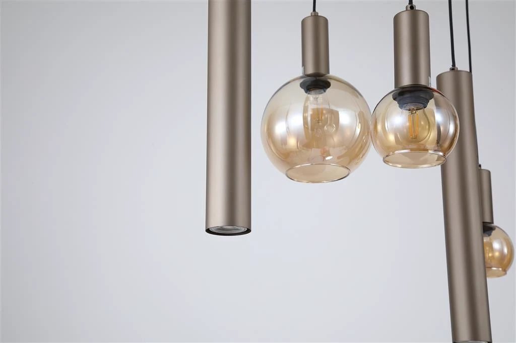 Hanglamp Lyon 8Lt Latte Metal and Amber Glass by Searchlight