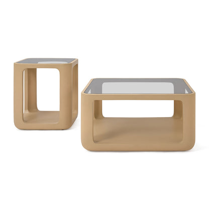 Salontafel Yobeko Mudstone textuur en glas 80x80cm