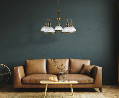 Hanglamp Bistro 5Lt - Antique Brass Metal & Acid Glass by Searchlight